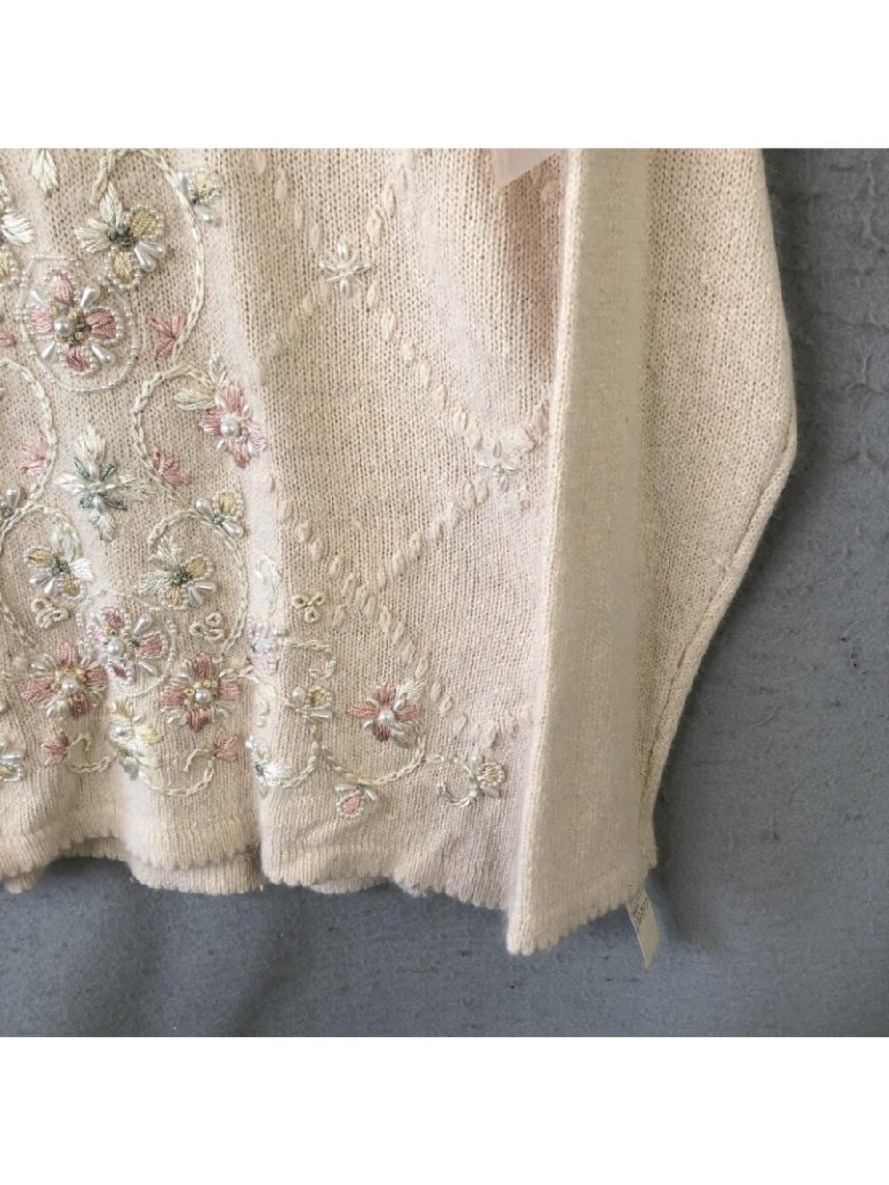 Vintage Beldoch Popper Sweater Tunic Womens L Cream Silk Angora Beaded Floral - Picture 14 of 16
